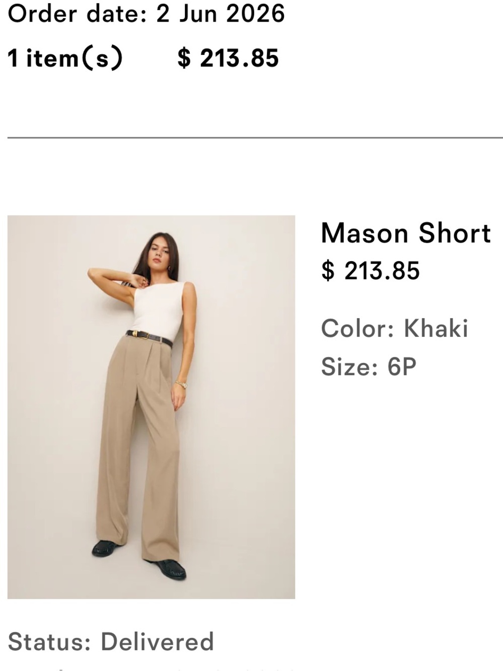 Reformationās Mason Short Pant ā Khaki Wide-Leg Womenās Pants